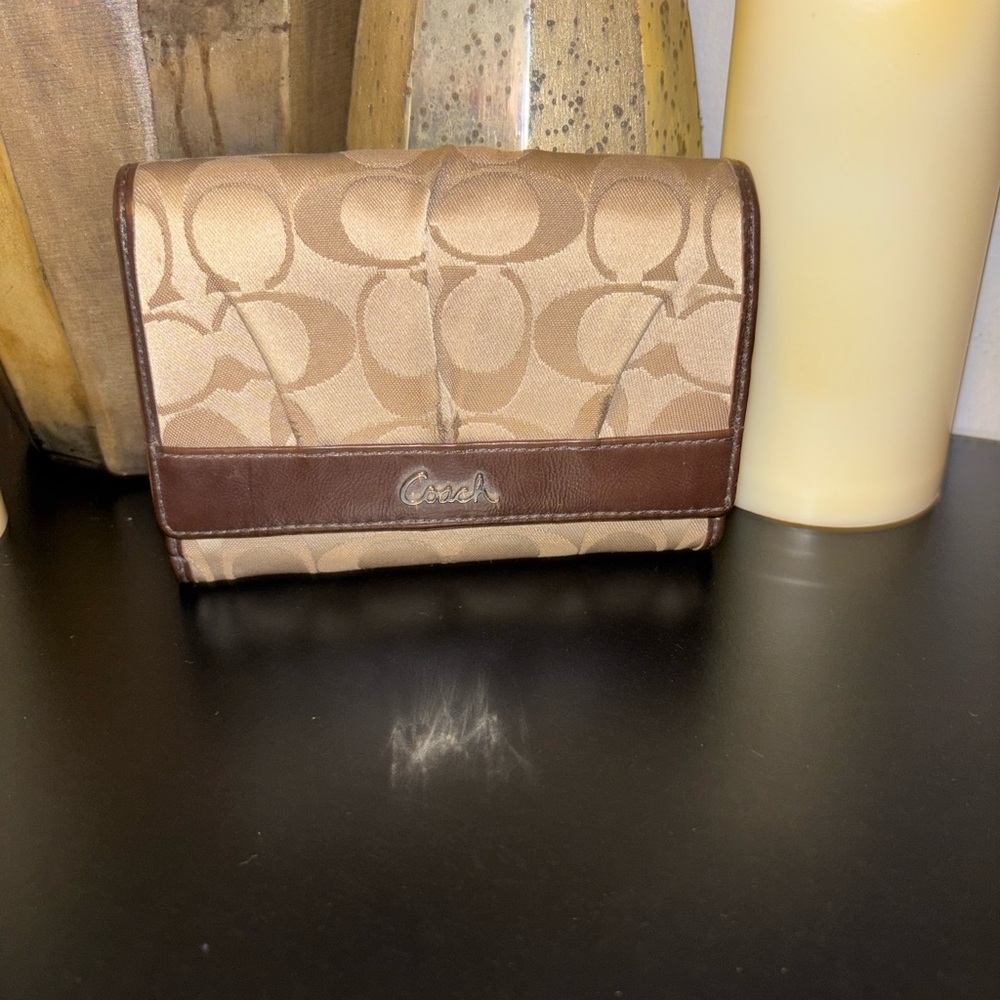 Coach Signature Beige and Dark Brown Wallet